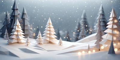 The primary subject of the image is a paper cutout of a Christmas tree, which is the main object, scene, or focus of the image. The setting is a snowy landscape, with the tree surrounded by a white snowy environment. The visual style is a combination of photo and digital art, as the tree is a paper cutout, and the background is snowy. The colors and mood of the image are predominantly white, with the snowy landscape creating a serene and festive atmosphere.